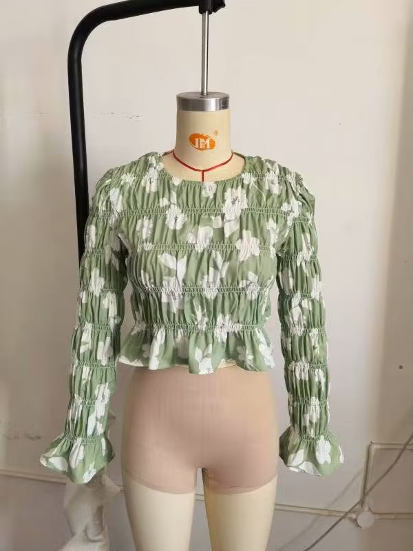 Camisa de manga larga estampada elástica con cuello redondo y aire fresco para mujer Sweet Fresh