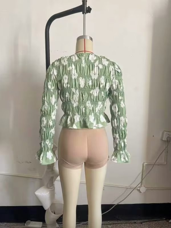 Camisa de manga larga estampada elástica con cuello redondo y aire fresco para mujer Sweet Fresh