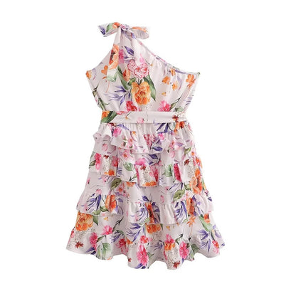 Spring Summer Women Floral Print round Neck Backless Tiered Dress