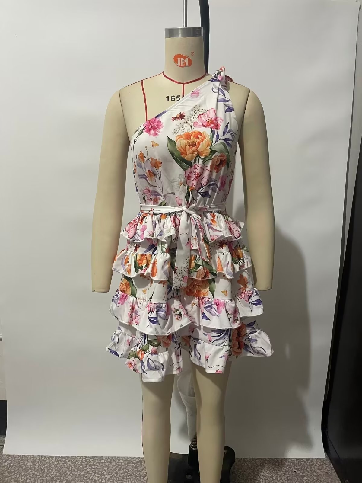 Vestido escalonado sin espalda con cuello redondo y estampado floral de primavera y verano para mujer