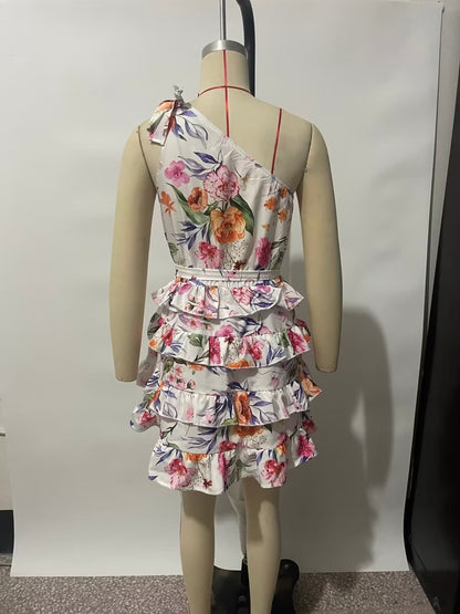 Vestido escalonado sin espalda con cuello redondo y estampado floral de primavera y verano para mujer