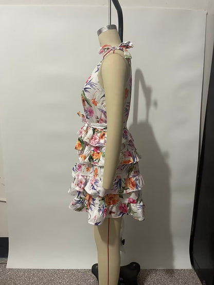 Spring Summer Women Floral Print round Neck Backless Tiered Dress