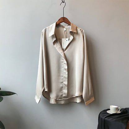 Spring Elegant Satin Shirt Women Long Sleeved Shirt Loose Solid Color Shirt