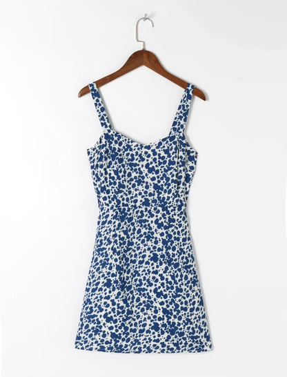 Vestido corto de tirantes finos adelgazante con estampado de cuello cuadrado Retro francés de verano para mujer