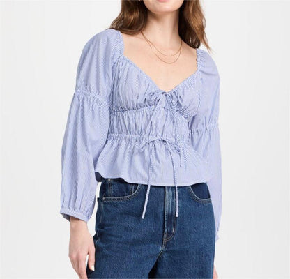 Jersey de rayas de primavera para mujer, cuello en V, encaje, manga larga, top holgado