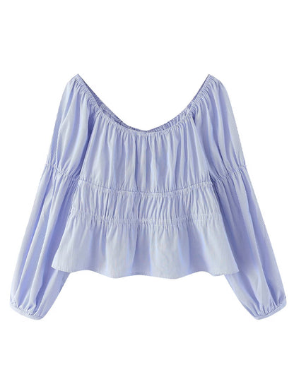 Jersey de rayas de primavera para mujer, cuello en V, encaje, manga larga, top holgado