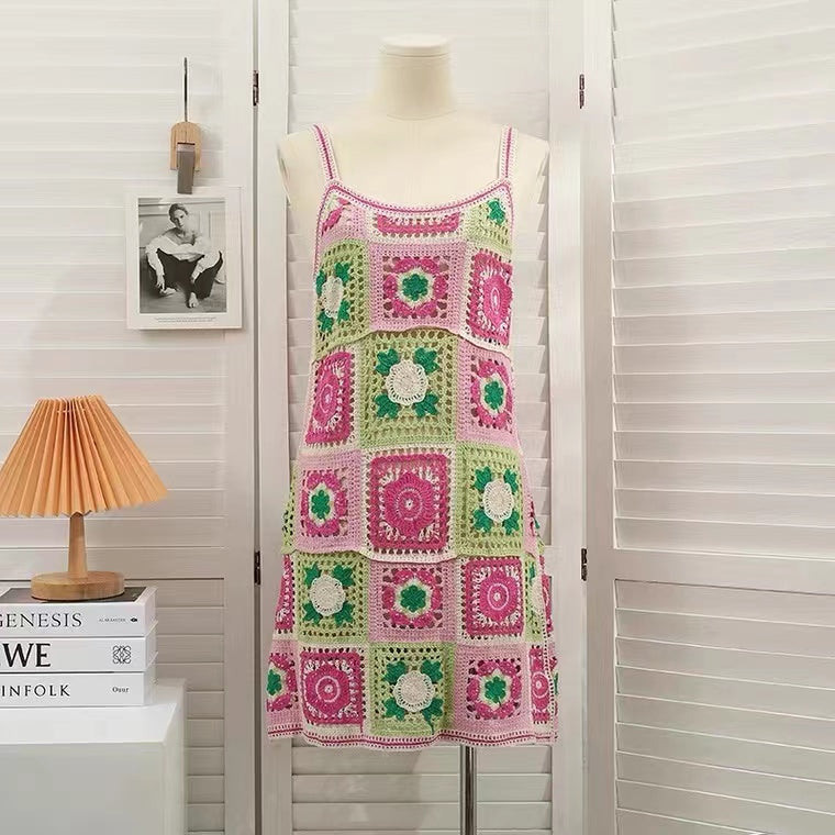 Vestido de tirantes de ganchillo vintage bohemio de verano para mujer