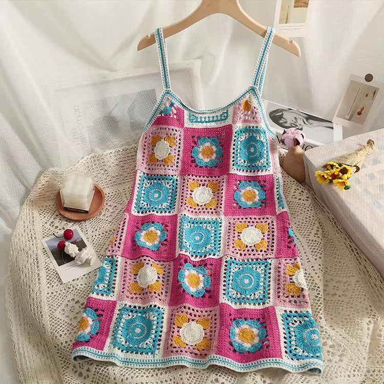 Vestido de tirantes de ganchillo vintage bohemio de verano para mujer