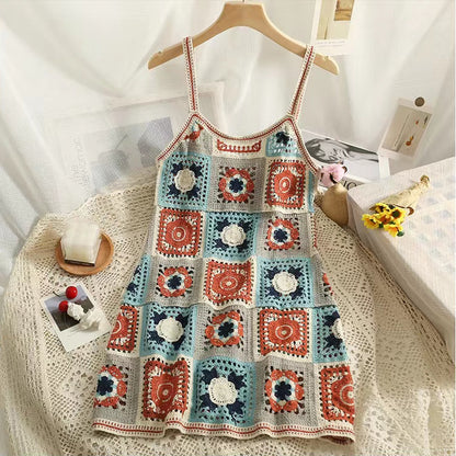 Vestido de tirantes de ganchillo vintage bohemio de verano para mujer