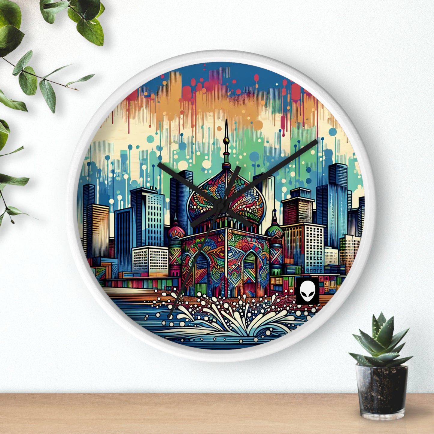 "Bright City: A Pop of Color on the Skyline" - The Alien Wall Clock Street Art / Graffiti Style