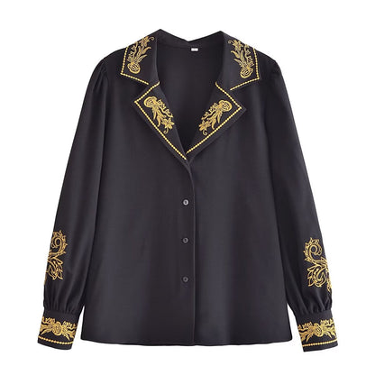 Spring Collar Machine Embroidery Chiffon Shirt Blouse Western