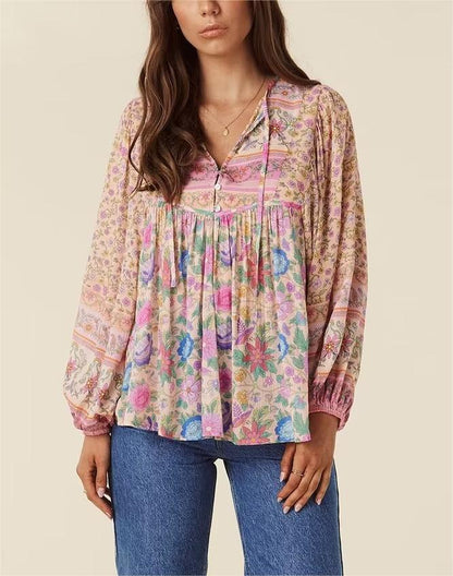 Camisa de rayón de manga larga para mujer, Top de retazos con estampado de posicionamiento de primavera, vacaciones étnicas