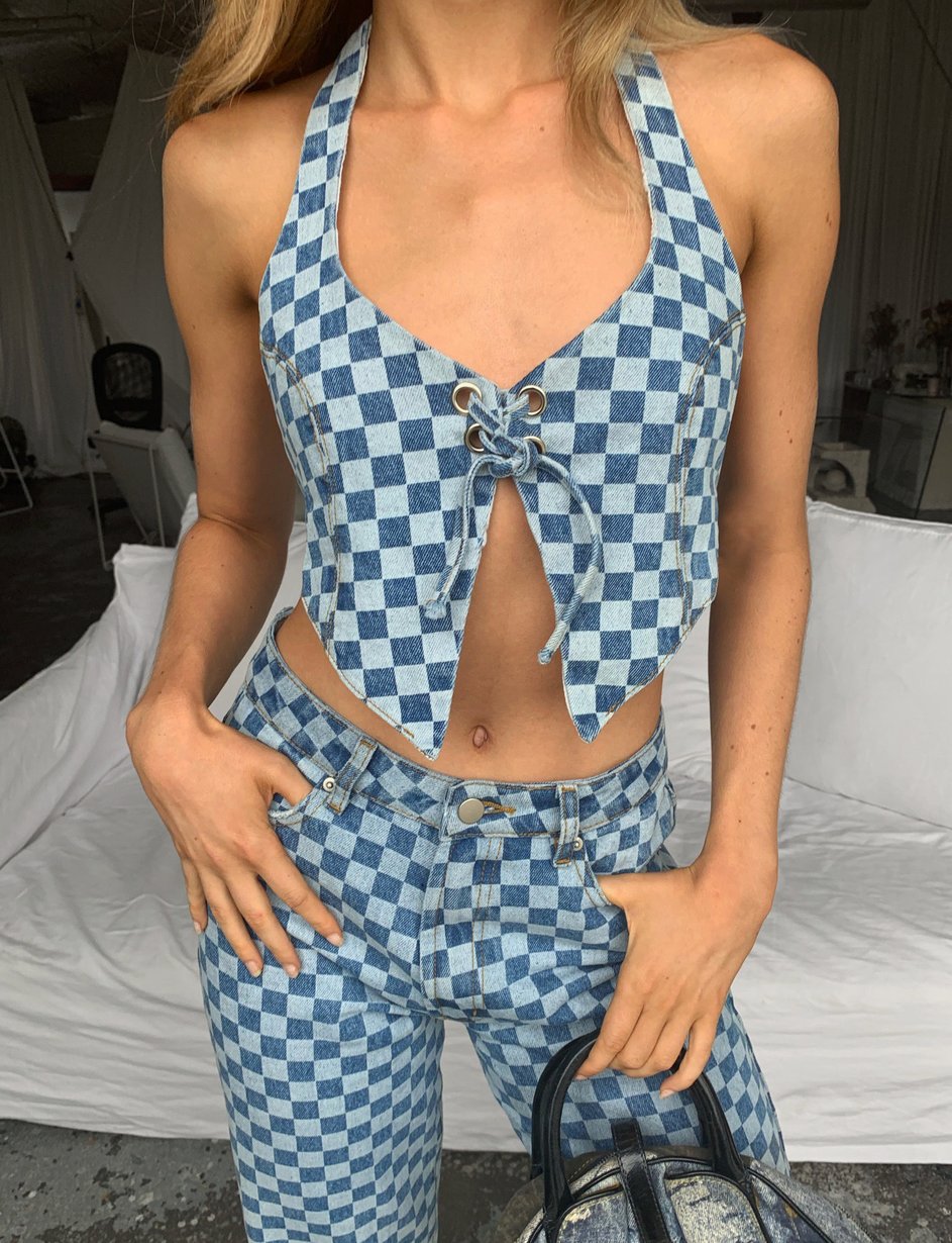 Sexy Denim Halter Vest Irregular Asymmetric Lace Up Plaid Camisole