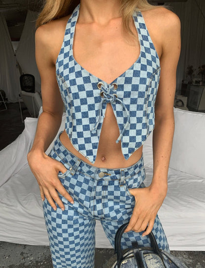 Sexy Denim Halter Vest Irregular Asymmetric Lace Up Plaid Camisole