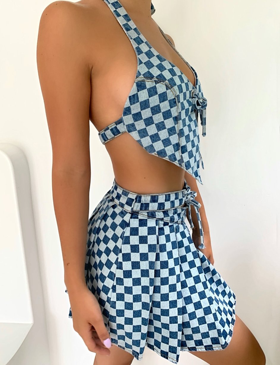 Sexy Denim Halter Vest Irregular Asymmetric Lace Up Plaid Camisole