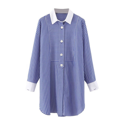 Spring Summer French Casual Mulberry Silk Striped Shirt Women Elegant Slim Fit Long Sleeves Shirt