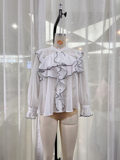 Camisa francesa de primavera y verano para mujer, camisa de gasa de manga larga, blusa suave y elegante