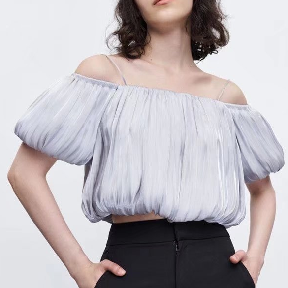 Summer Women Pleated Refined Stylish Solid Color off the Shoulder Camisole Top