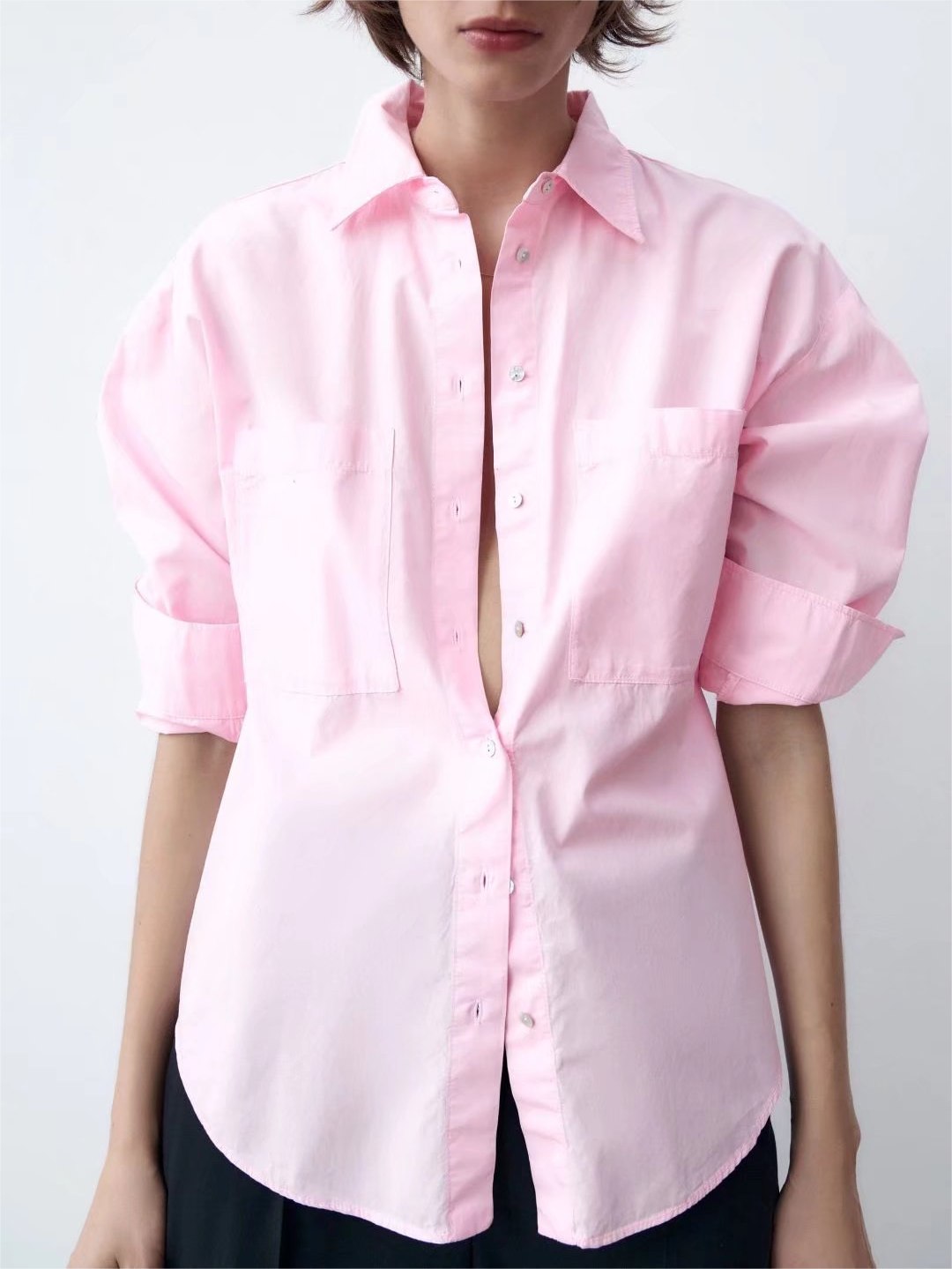 Spring Fall Women Clothing Office Casual Solid Pink Green Shirt