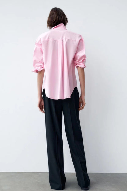 Frühling Herbst Damen Kleidung Büro Casual Solid Pink Grün Shirt