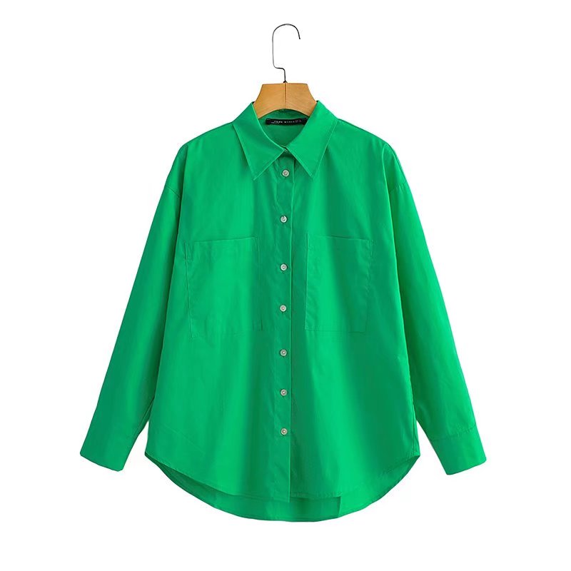 Spring Fall Women Clothing Office Casual Solid Pink Green Shirt