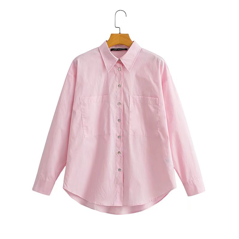 Spring Fall Women Clothing Office Casual Solid Pink Green Shirt