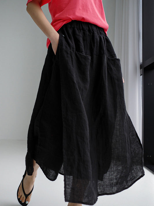 Pure Linen Wide Leg Culottes Spring Summer Design Double Pocket Elastic Waist Elegant Large Skirt