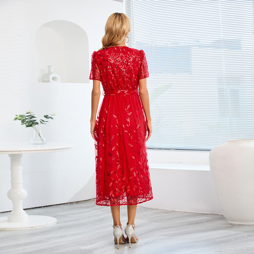 Vestido de malla de hilo brillante bordado para mujer Vestido de longitud media con cuello en V ajustado a la moda