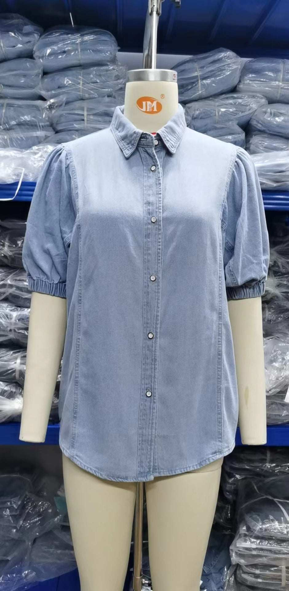 Camisa vaquera informal con mangas princesa elásticas para mujer