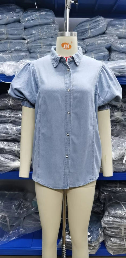 Camisa vaquera informal con mangas princesa elásticas para mujer