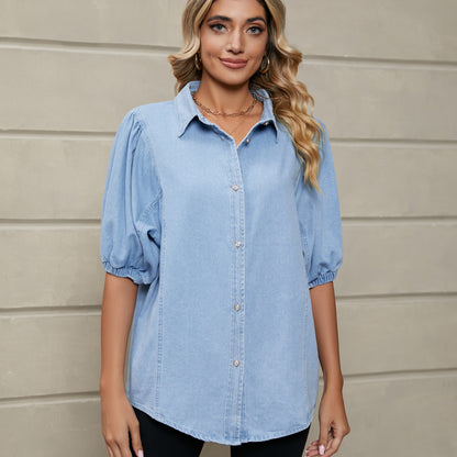 Camisa vaquera informal con mangas princesa elásticas para mujer