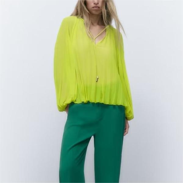 Summer Pleated Blouse Long Sleeve Shirt Top Women