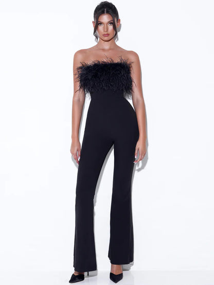 Spring Summer Sexy Ostrich Feather High Waist Slim Solid Color Trousers