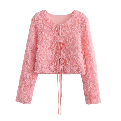 Spring Fall Texture Floral Women 3D Rose Coat