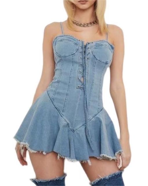 Sexy Denim Cami Dress Women ummer Sexy Wrapped Chest Lace up Slimming Waist Crisscross