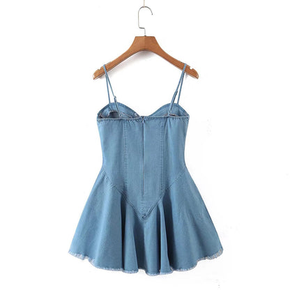 Sexy Denim Cami Dress Women ummer Sexy Wrapped Chest Lace up Slimming Waist Crisscross