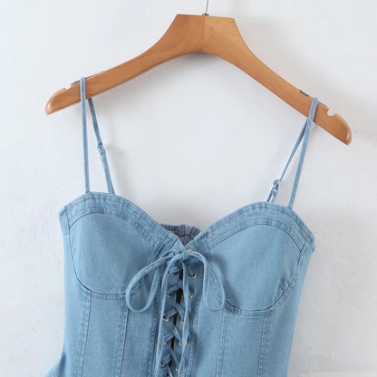 Sexy Denim Cami Dress Women ummer Sexy Wrapped Chest Lace up Slimming Waist Crisscross