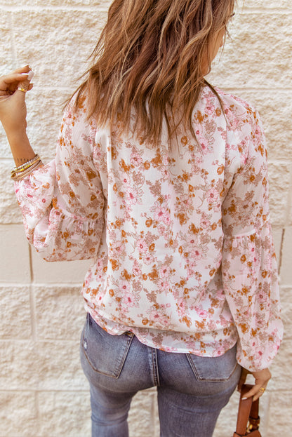 Blusa con cuello en V y mangas largas abullonadas con estampado floral multicolor