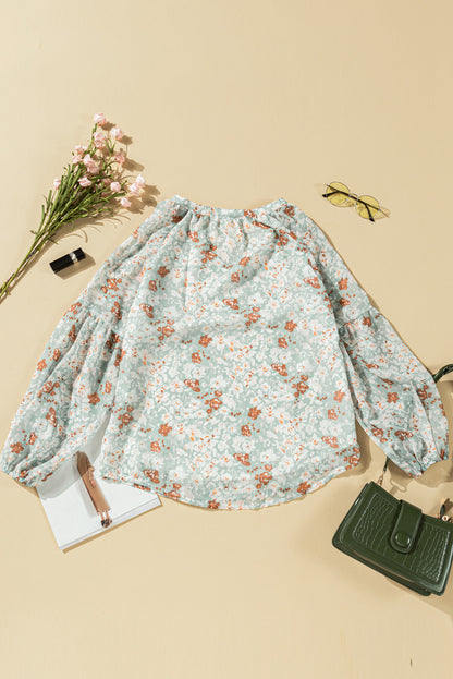 Multicolor Floral Print V Neck Long Puff Sleeve Top