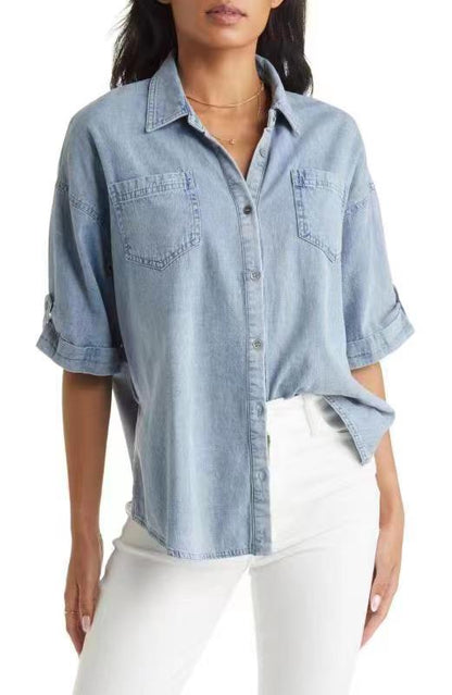 Popular Short Sleeved Shirt Spring Summer Washed Distressed Casual Denim Top