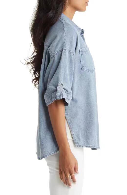 Popular Short Sleeved Shirt Spring Summer Washed Distressed Casual Denim Top