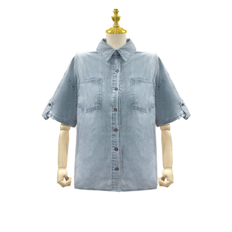 Beliebtes Kurzarmhemd Frühling Sommer Washed Distressed Casual Denim Top