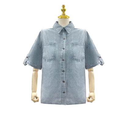 Popular Short Sleeved Shirt Spring Summer Washed Distressed Casual Denim Top