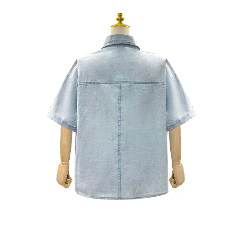 Beliebtes Kurzarmhemd Frühling Sommer Washed Distressed Casual Denim Top