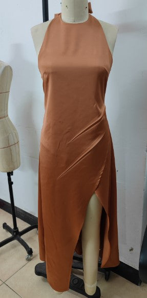 Damen Sommer Satin Kleid Sexy Seitlich Geschlitzt Schnürung Rückenfreies Etuikleid