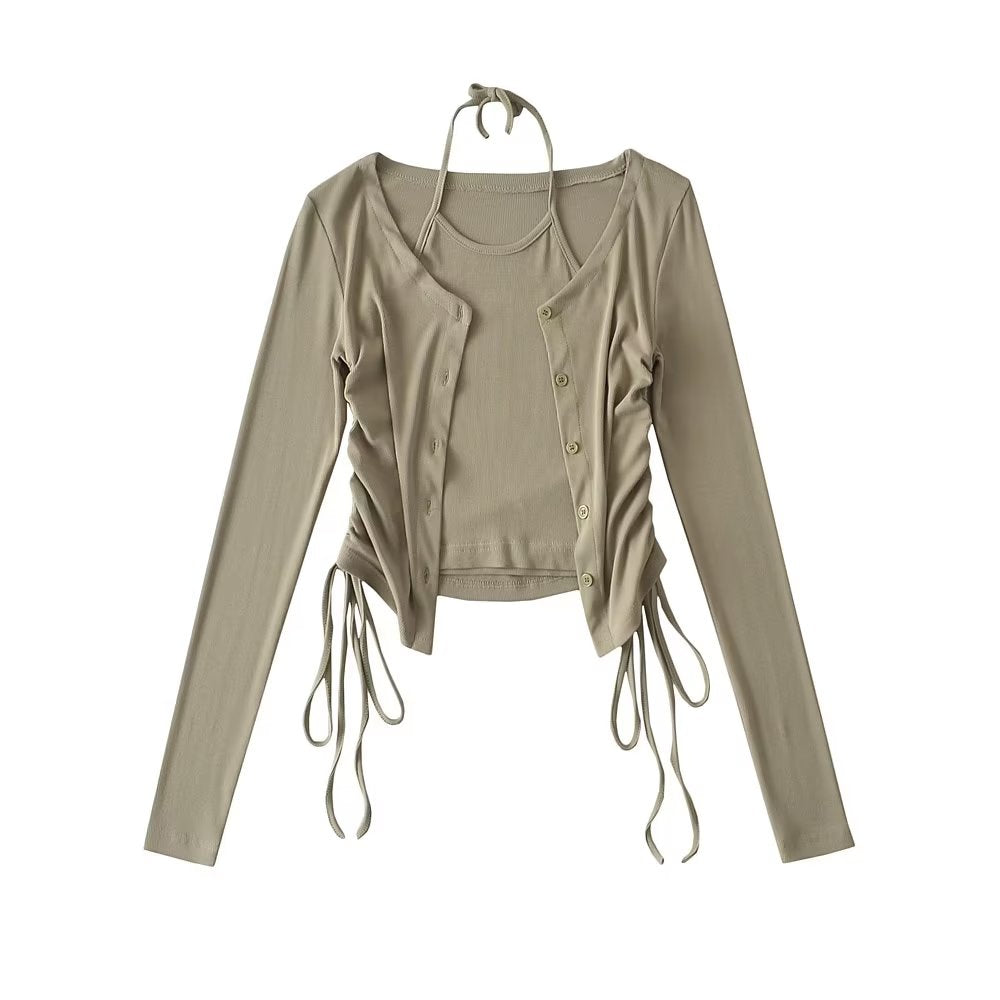 Sexy Design Zweiteiler Damen Schlank V-Ausschnitt Plissee Cardigan Top Neckholder Schnürung Sling Top