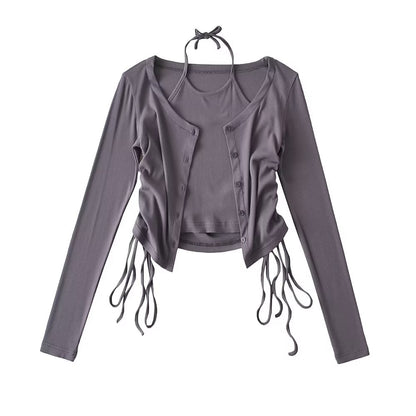 Sexy Design Zweiteiler Damen Schlank V-Ausschnitt Plissee Cardigan Top Neckholder Schnürung Sling Top