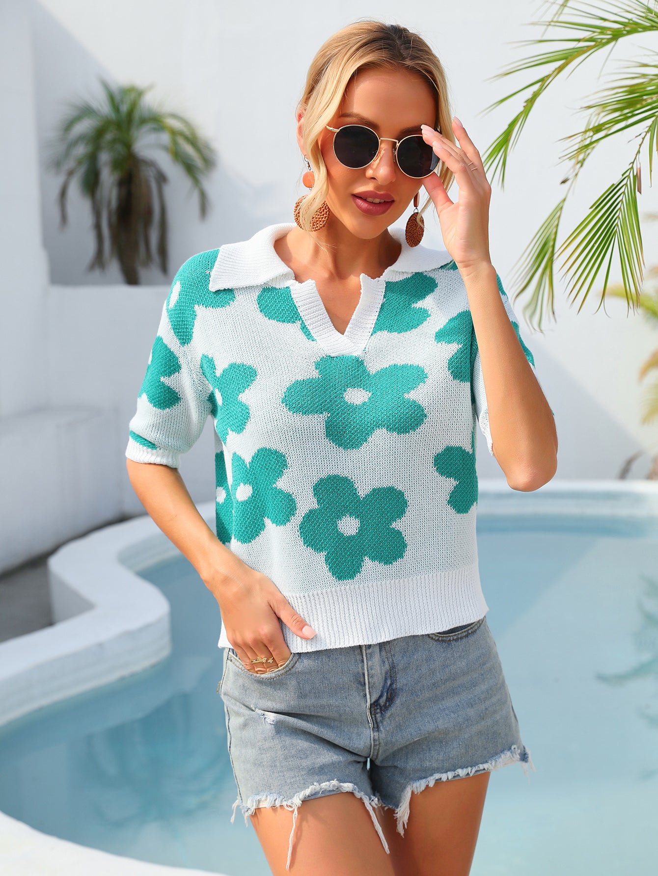 Summer Women Trending Unique Collared Floral Print Short Sleeve Plus Size T shirt Top