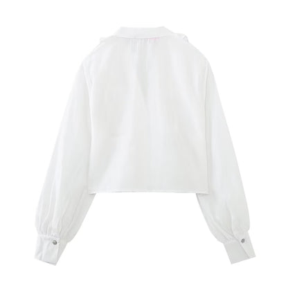 Spring French Ruffled V neck Loose Top White Laminated Decoration Shirt