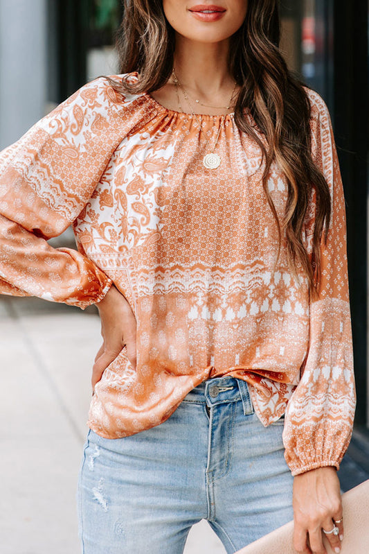 Orangefarbene Rundhalsbluse mit Kordelzug und Boho-Print